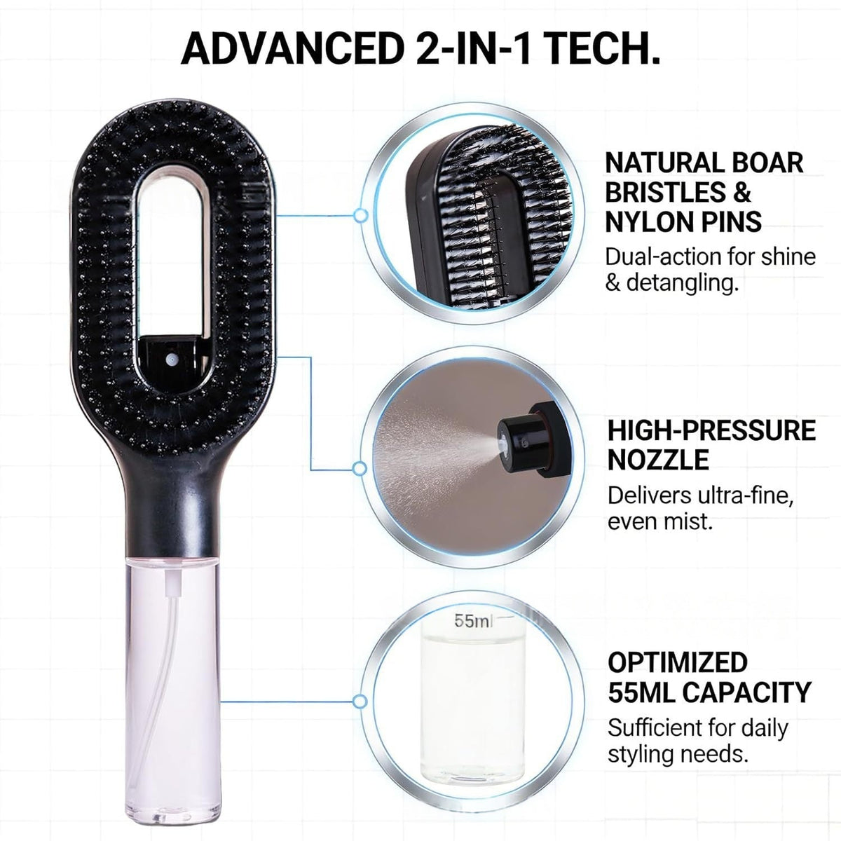 2-in-1 Mist Spray Detangling Hairbrush – Scalp Massage & Anti-Static Care